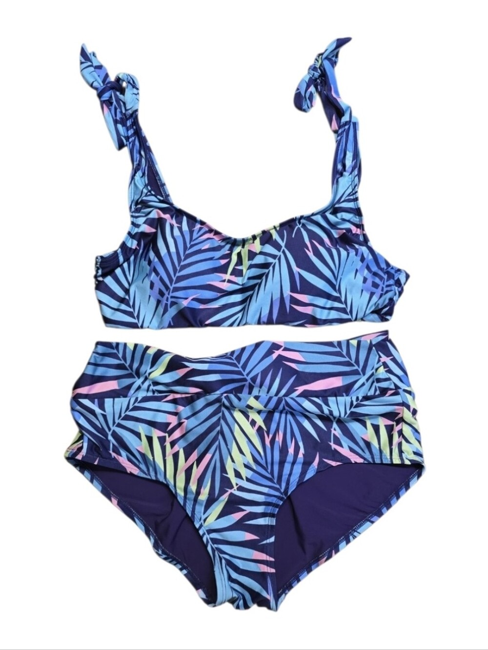 Modcloth Tropical Palm Leaf High Waisted Tie Shoulder Strap Bikini. Size L/XL